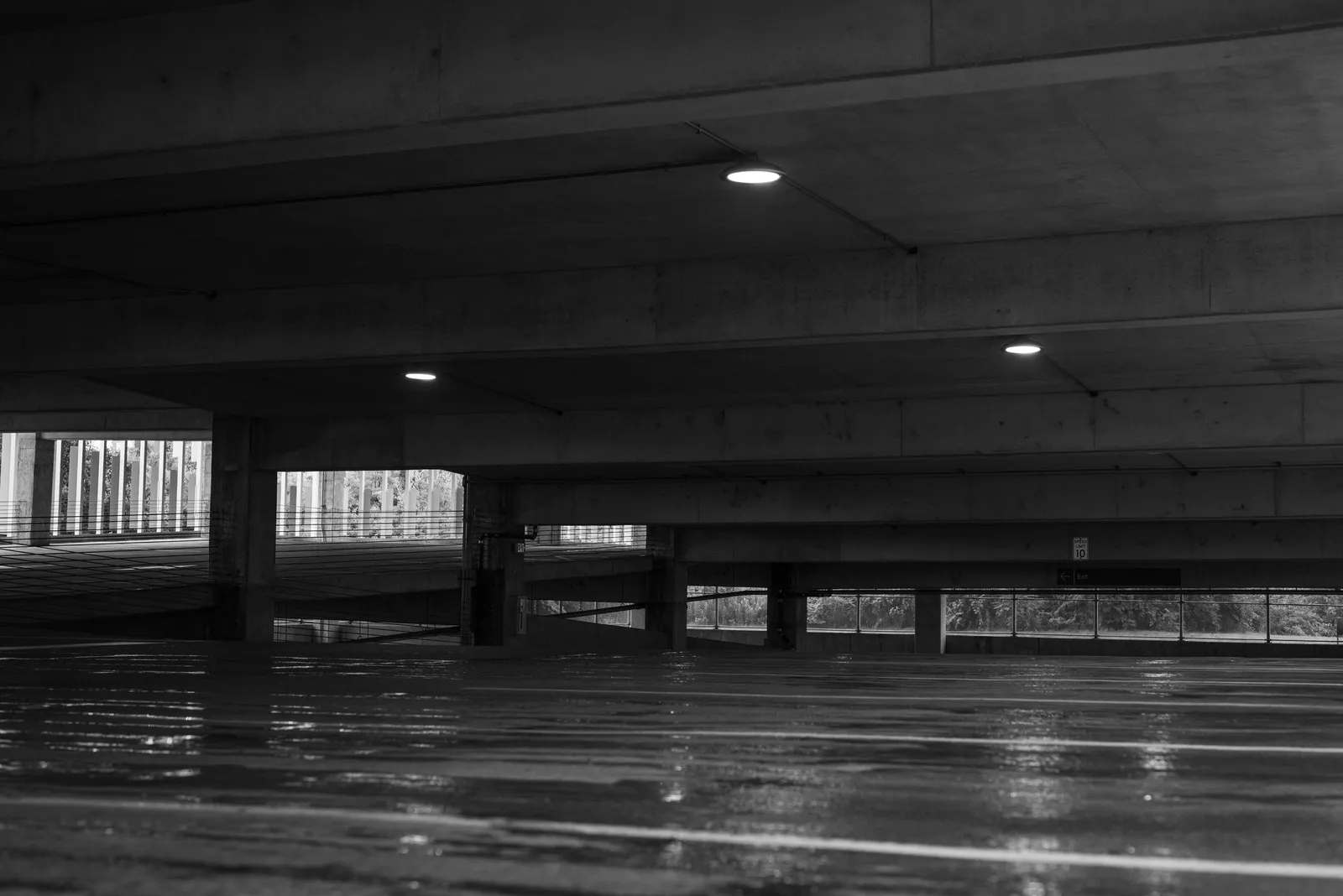 A clean, well-lit parking garage